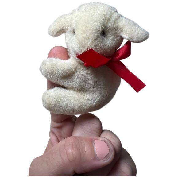 Vintage 90s White Lamb Finger Puppet Plush Red Bow Pencil Topper - Picture 7 of 9